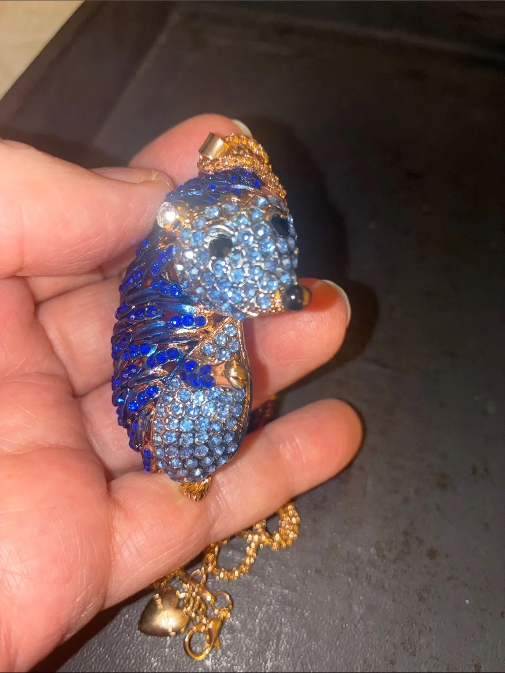 Blue Crystal Hedgehog Pendant Necklace - Gold Tone